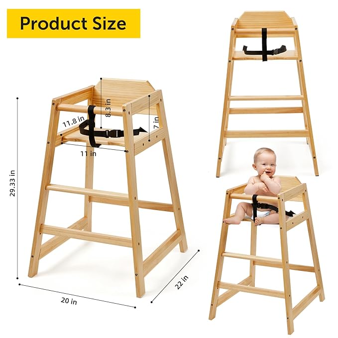 4 Pack Wooden High Chairs for Babies and Toddlers, Restaurant-Style Stackable High Chair with Commercial Grade Solid Wood for Dining Table & Kitchen, Easy to Clean Baby Booster Seat -Natural