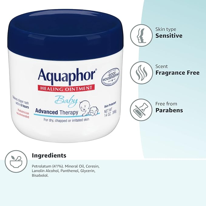 Aquaphor Baby Healing Ointment Advanced Therapy Skin Protectant for Chapped or Dry Skin, Drool Rash and Diaper Rash Ointment, 14 Oz Jar (Pack of 12)