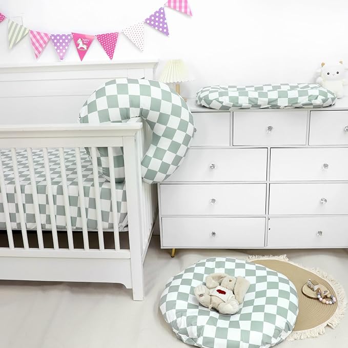 Nursing Pillow Cover and Newborn Lounger Cover, Soft Comfortable Slipcover for Baby Girl Boys, Green Checkerboard, Lounger Not Included