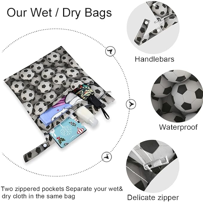 visesunny Soccer Ball 3D Print 2Pcs Wet Bag with Zippered Pockets Washable Reusable Roomy Diaper Bag for Travel,Beach,Daycare,Stroller,Diapers,Dirty Gym Clothes,Wet Swimsuits,Toiletries
