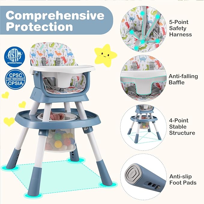 KOTEK 16 in 1 Convertible High Chair, Baby Highchair & Activity Center, Booster Seat, Building Block Table, Toddler Chair with 5-Point Harness, Removable Tray & Cushion (Blue)