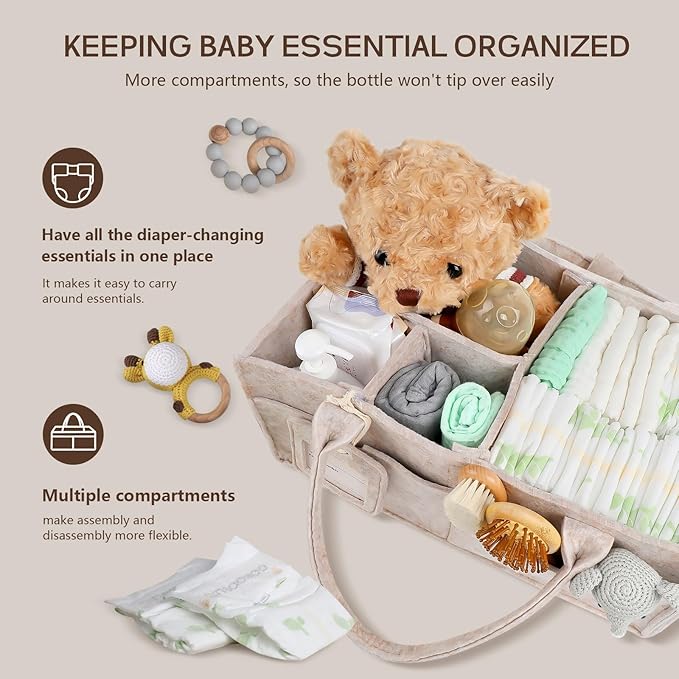 GEMII Diaper Caddy Organizer-Large Baby Caddy Organizer with Handle, Newborn Registry Essentials, Baby Shower Basket Gifts for Boys or Girls (Oatmeal, Large)