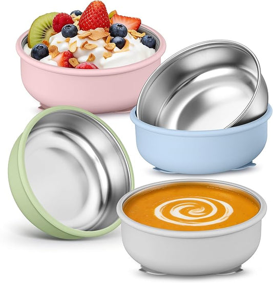 E-far Stainless Steel Baby Bowls with Suction, 4 Pack Removable Colorful Silicone Sleeve Toddlers Kids Bowl, Non-Toxic Snack Container for Baby Food Feeding, Non-Slip & Unbreakable, Dishwasher Safe