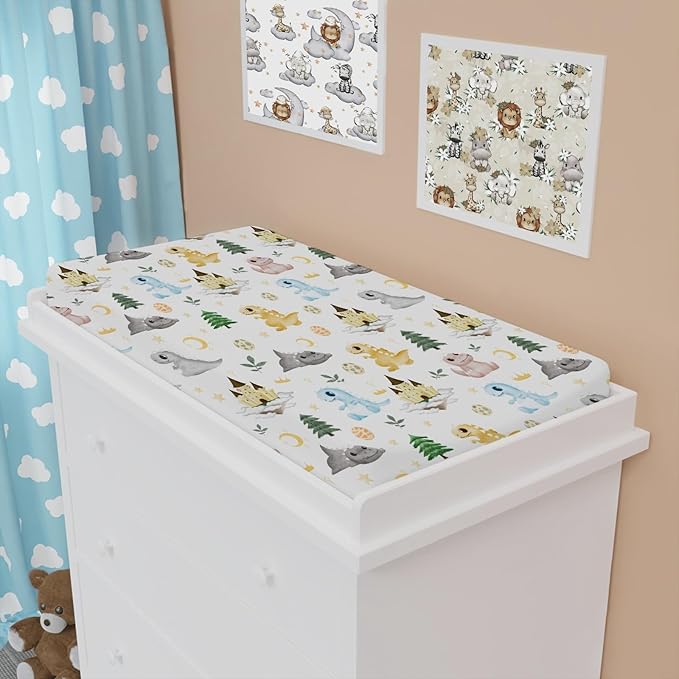 Cartoon Dinosaurs Changing Pad Covers Cute Dragon Castle Moon Stars Trees Leaves Change Table Sheets for Boys Girls Soft Baby Dinosaur Stretchy Snug Fitted Diaper Changing Table Mats 32''x16''