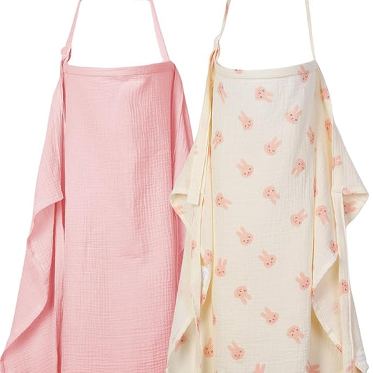 ANYEDDE 2-Pack Nursing Covers for Breastfeeding - Lightweight, Breathable Baby Breastfeeding Covers with Arch Neckline & Adjustable Straps, Pink & Bunny Design, Muslin Privacy Nursing Cover for Women