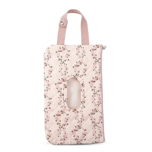 Quilted Baby Diaper and Wipes Pouch Portable Mommy Bag for Stroller Reusable Wipes Pouch with Lanyard for Casual Travel (Pink Flower)
