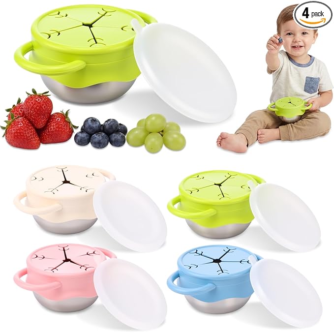 4 Pcs 13 oz Stainless Steel Snack Cups Spill Proof, 3 in 1 Baby Snack Containers Removable Silicone Food Catcher Travel Lid Food Catcher for Baby Toddler Kids, Dishwasher Safe (Macaron Color)