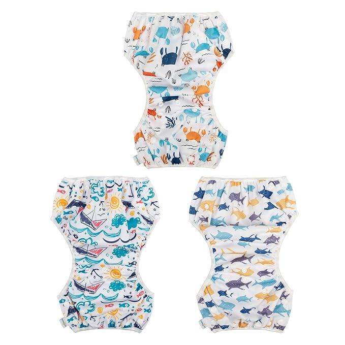 Babygoal Baby Swim Diapers 3 Pack for 0-8 Months Infant Girls and Boys, Reusable Adjustable Washable for Swimming Lessons-Crab,Shark