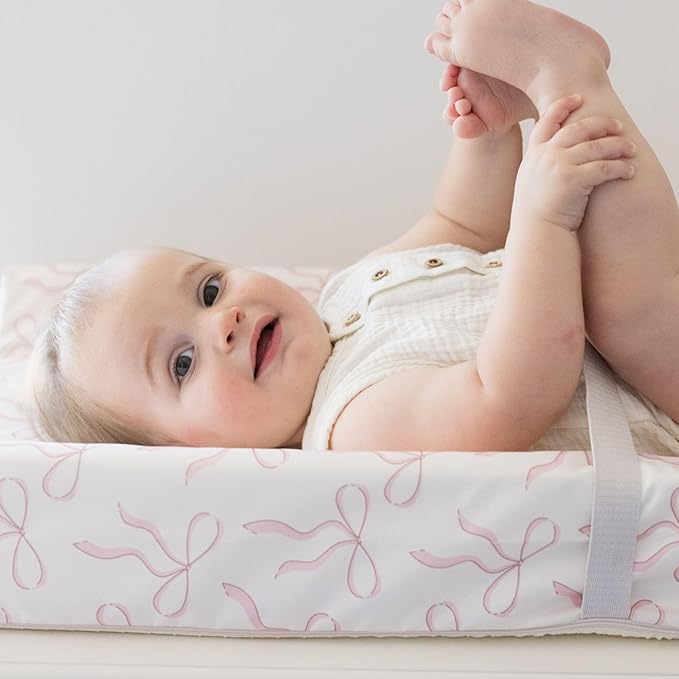 Tiny Twinkle Diaper Changing Pad for Dresser & Nursery Table – Waterproof, Wipeable & Mess-Proof Baby Changing Pad with Safety Strap, Non-Slip Base & Removable Washable Cover(Bows)