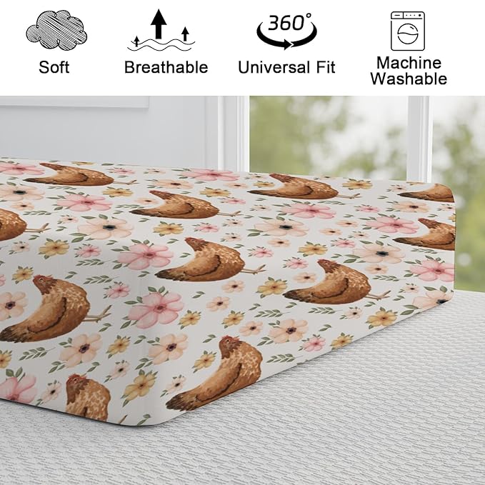 Vintage Hens Chicken Boho Floral Changing Pad Cover Farm Animals Change Table Pad Cover for Baby Boys Girls Soft Breathable Stretchy Snug Fitted Baby Diaper Changing Mat Sheets Cover 32''x16''