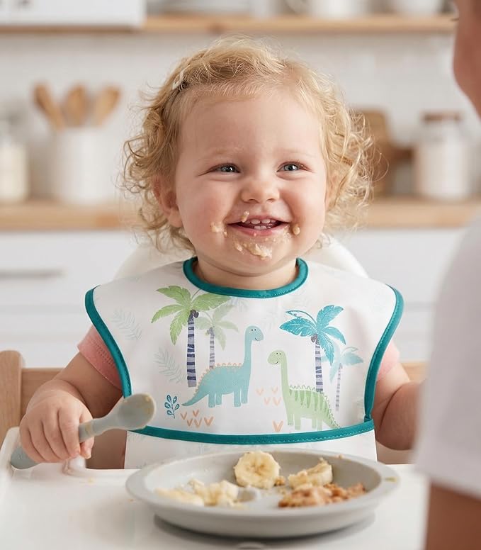 3-Pack Waterproof Baby Bibs for Eating - Mess Proof Lightweight Toddler Feeding Bibs with Large Food Catcher, Food-Grade Baby Eating Essentials, Easy to Put On & Clean(Blue Dinosaur)