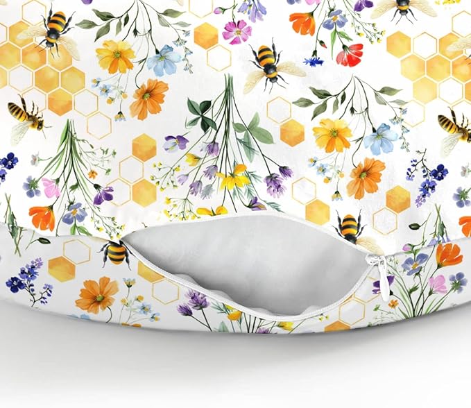 Boho Wildflower Bees Honeycomb Baby Nursing Pillow Covers for Boy Girl Watercolor Honeybee Floral Nursing Slipcovers for Breastfeeding Pillows Summer Soft Stretchy Removable Cover for Newborn Infant