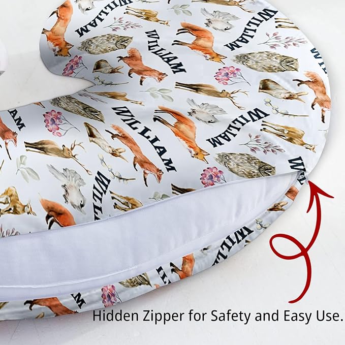 Baby Nursing Pillow Cover - Personalized Name Breastfeeding Pillow Cover with Foxes Pattern, Stretchy Removable U-Shaped for New Moms, Soft Breathable Slipcover for Infant Boys Girls