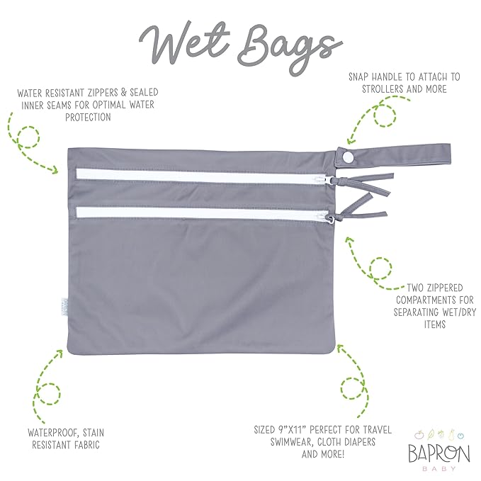 BapronBaby Minimalist Slate Wet Dry Bag - Waterproof Two Zipper Pockets - Reusable for Mealtime, Diapers, Stroller, Snacks, Swimsuits - Machine Washable - 11" x 9"