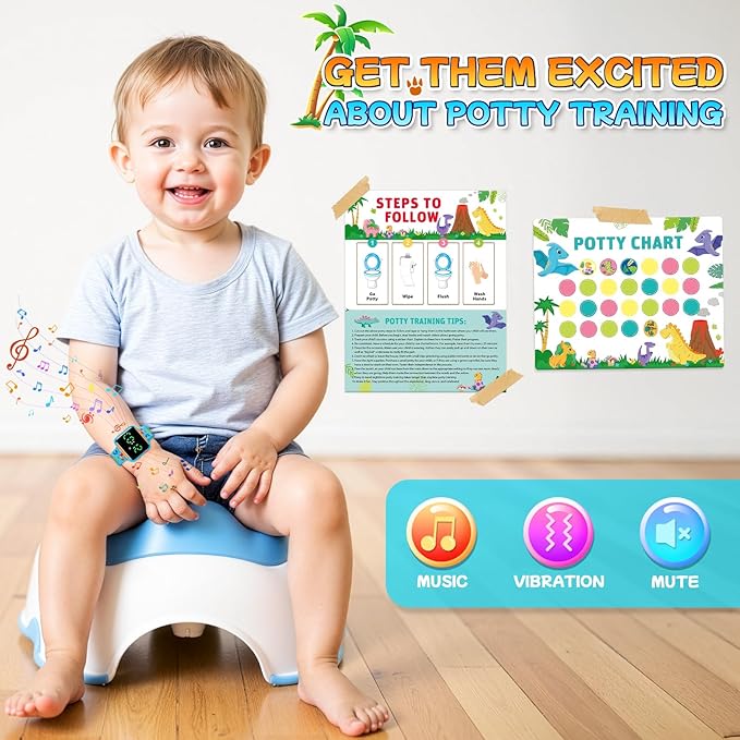 Potty Training Watch & Chart for Kids: Water Resistant Potty Watches Dinosaur Potty Training Chart for Toddler Boys Adjustable Volume Toilet Reminder with Reward Stickers Gifts for Boy (Blue)