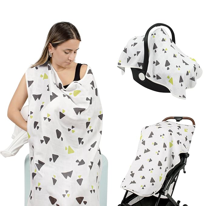 Sevi Bebe Multipurpose Muslin Cover 100% Cotton- Breathable Baby Essential, Breastfeeding, Nursing, Car Seat, Stroller Cover, Tummy Time Mat & Burp Cloth All in One (Triangle Pattern) (Pack of 1)