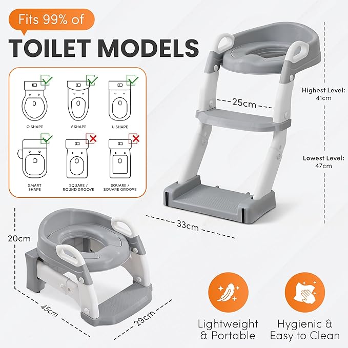 Upgraded Potty Training Seat with Step Stool Ladder – 6-in-1 Foldable Toddler Toilet Seat with Adjustable Height, Anti-Slip Steps & Detachable Bowl for Boys & Girls Ages 1-7 (Gray & White)