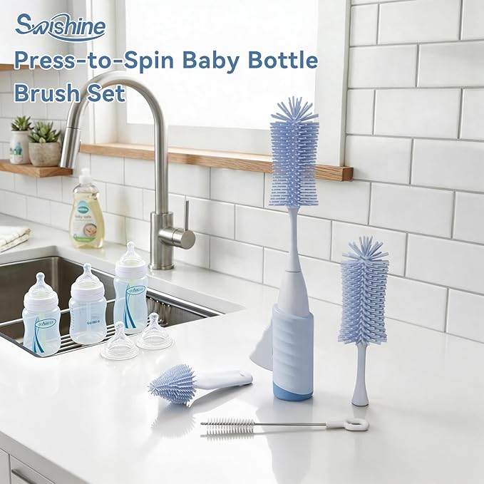 Baby Bottle Brush Set, Innovative Efficient Press-to-Spin Brush Cleaner - Includes Silicone Bottle Brush, Nipple Brush, Straw Cleaner - Spinning Generates Rich Foam for Deep Cleaning, Blue