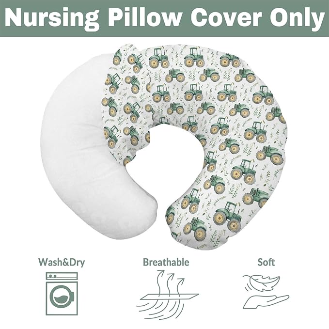 Watercolor Green Tractors Baby Nursing Pillow Covers for Boy Girl Farm Tractors Boho Leaves Nursery Feeding Pillowcase for Breastfeeding Pillows Farm Life Soft Stretchy Slipcovers for Newborn Infant