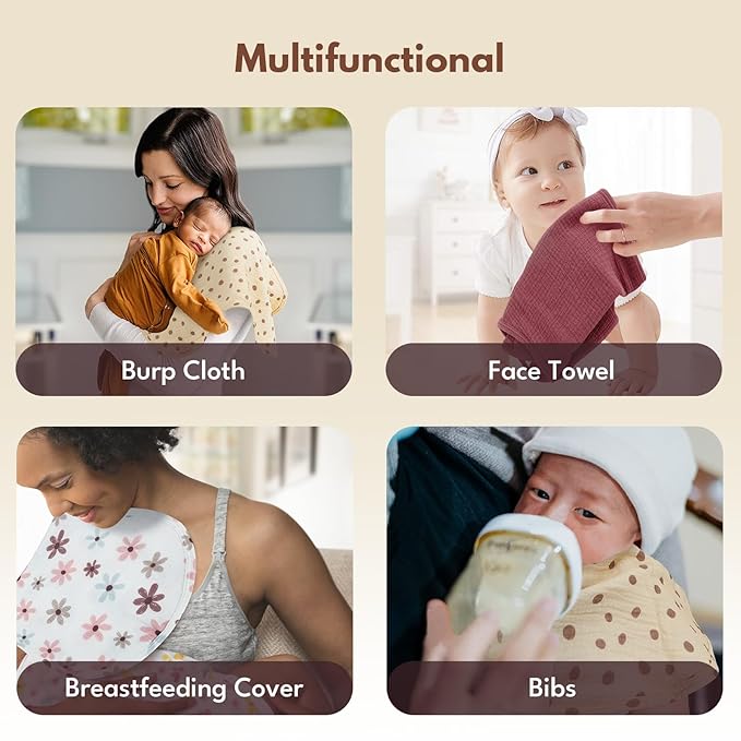 Muslin Burp Cloths with Snaps,Multi-Use Burpy Bib 100% Cotton for Spit Up & Drool,Large 22"X11" Extra Absorbent Burping Cloth for Newborn Boys Girls Essentials,Red