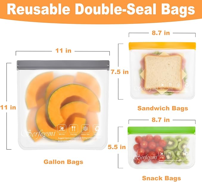 Serfeymi 10 Pack Reusable Gallon Freezer Bags Dishwasher Safe, Extra Thick Reusable Plastic Bags BPA Free, Leak Proof Food Storage Bags with 3 Sizes for Meat, Travel - 2 Gallon 5 Sandwich 3 Snack