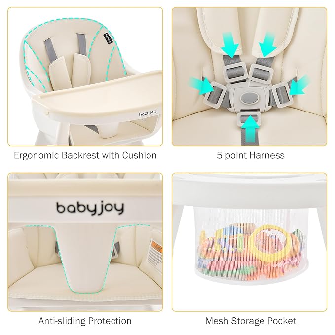 BABY JOY 7 in 1 Baby High Chair, Convertible High Chairs for Babies and Toddlers, Building Block Table, Toddler Chair with Adjustable Legs, Removable Tray, Storage Basket, Safety Harness (Beige)