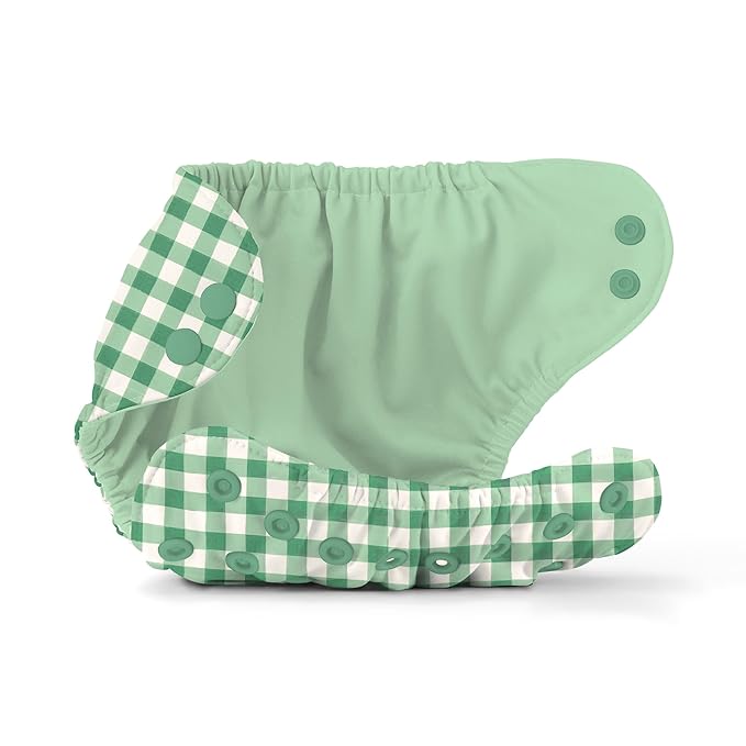 Esembly Cloth Diaper Cover - Reusable Swim Diaper, Waterproof, Breathable - Adjustable Outer Layer Over Absorbent Inner for Blowout Protection - Verdant Gingham, Size 1 (7-17lbs)