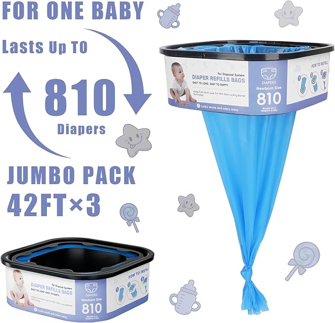 Square Refills Disposal Bags Refill Compatible With For Diaper Gen.ie Compact, Select (Not Fit Classic Version Pails), Hold Up to 810 Newborn-Sized Diapers Per Refill (3 Pack)