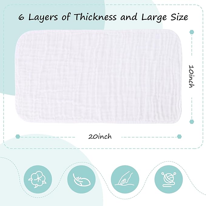 HIPHOP PANDA 10 Pack 6-Layers Muslin Burp Cloths Large - Durable 100% Cotton - Baby Essentials Extra Absorbent and Soft Boys & Girls Rags for Newborn Registry (White, 20" X10")