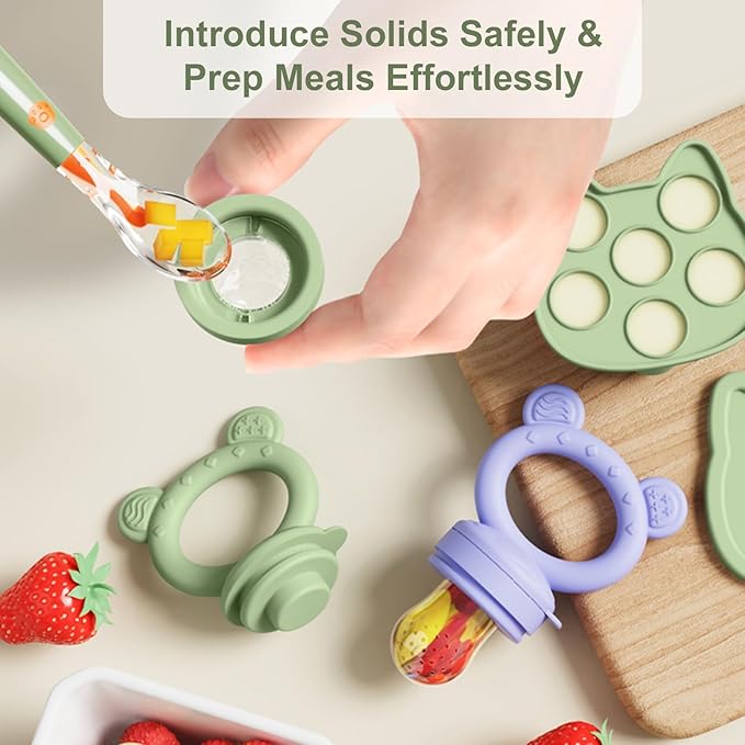 Baby Breastmilk Popsicle Molds & Baby Fruit Feeder (4 Pack), Infant Food Freezer Tray Storage Containers, Silicone Teething Pacifier Feeder and Teether for Babies,Boys and Girls-Navy&Purple