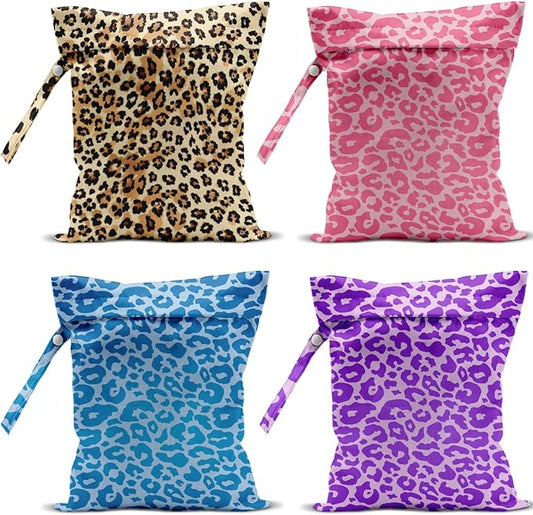 4 Pack Colorful Leopard Print Wet Bag Waterproof Washable Reusable Wet Dry Bag for Swimsuit Dirty Clothes Diaper Travel Beach Pool Yoga Gym Travel Birthday Party Camping Toiletries Beach Essentials
