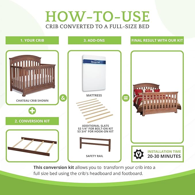 Full-Size Conversion Kit Bed Rails Compatible with Simmons Kids Convertible Cribs by Delta Children - Solid Wood - Toddler and Adult Bed Rail for Full-Size - Nursery Furniture (Walnut, HOOK-ON KIT)