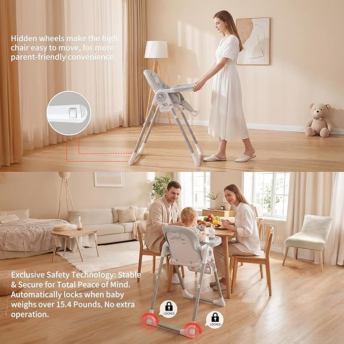 Babilous High Chair, Foldable High Chairs for Babies and Toddlers, Ultra Safe for Infant with Lockable Wheels, Easy Clean, Removable Tray/Adjustable Footrest for Baby Feeding HighChair, Grey