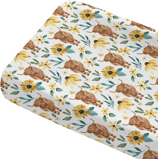 Changing Pad Cover for Baby Girls, 32"/34" x 16" Safe Snug Diaper Change Table Pad Covers, Soft Stretchy Changing Pad Sheets Highland Cow Sunflower Theme Nursery Decor