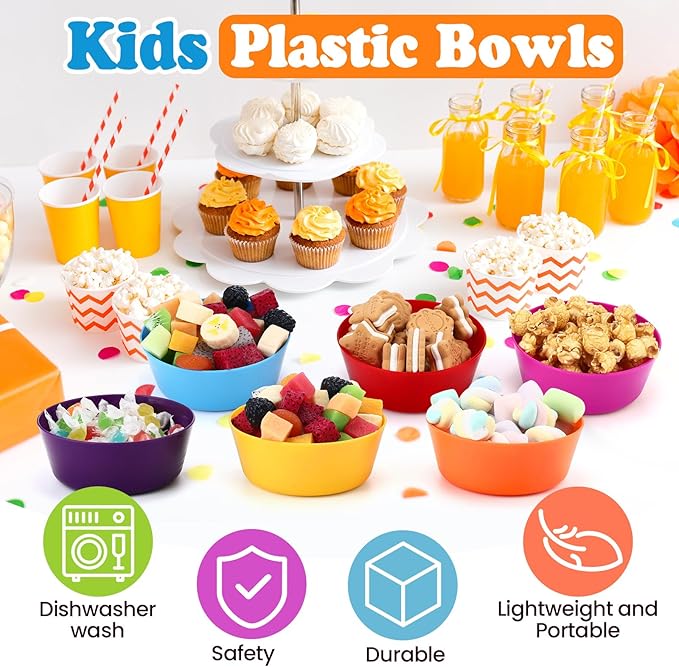 Foaincore Kids Plastic Bowls 10 oz Cereal Snack Microwave Dishwasher Safe Toddler Bowls Kids Colorful Snack Children Salad Dessert Soup Supplies(18 Pcs)