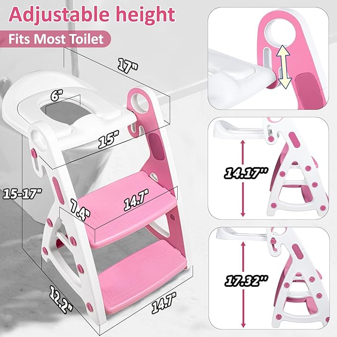 Potty Training Seat, Primlect Upgrade Ultra-Stable Toddler Toilet Seat for Kids Boys Girls, 2 in 1 Potty Training Toilet with Step Stool, Adjustable Seat and Ladder, Non-Slip Pad, Splash Guard(Pink)