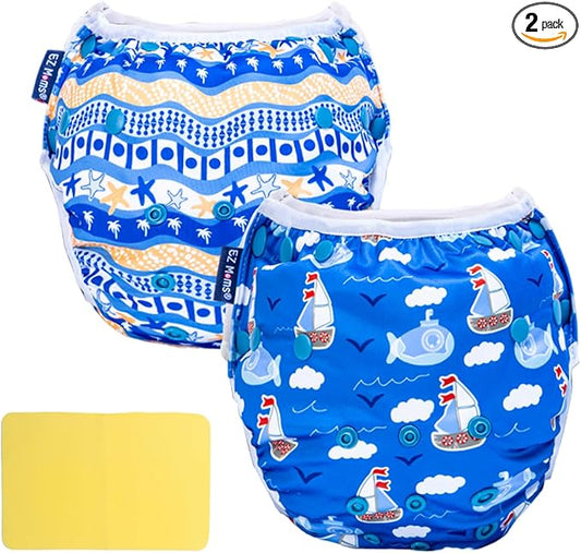 EZ Moms Baby Swim Diapers Reusable 2Pcs Large Size Snap Adjustable Washable One Size Toddler Swim Diaper with a Shammy Towel for Baby Boy Water Diaper Waterproof Swimming Diapers for Swimming Lessons