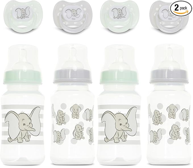 Disney Baby Bottles and Pacifiers Set – 2 Hourglass-Shaped 11oz Bottles + 2 Orthodontic Pacifiers – Officially Licensed Mickey, Minnie, Pooh & Dumbo Designs – BPA-Free Feeding Gift Set (Pack of 2)