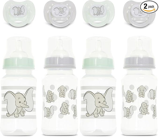 Disney Baby Bottles and Pacifiers Set – 2 Hourglass-Shaped 11oz Bottles + 2 Orthodontic Pacifiers – Officially Licensed Mickey, Minnie, Pooh & Dumbo Designs – BPA-Free Feeding Gift Set (Pack of 2)