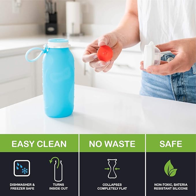 Pink 16 oz Squeasy Snacker Spill Proof Silicone Reusable Food Pouch - for Both Soft Foods and Liquids - Water, Apple Sauce, Yogurt, Smoothies, Baby Food - Dishwasher Safe