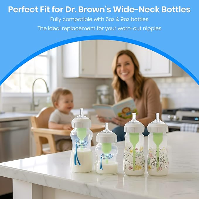 Sippy Straw Spout Replacements Compatible with Dr. Brown’s Wide-Neck Bottles, Ultra-Soft Silicone, Leak-Proof Transition Nipple with Cross-Cut Flow Control, BPA-Free Bottle to Cup Trainer, 9m+, 6-Pack