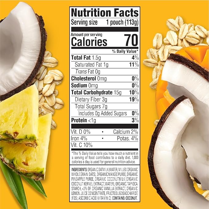 HAPPYTOT Organics Oatmilk Pudding, Dairy-Free, Stage 4 Toddler Snack, Oatmilk, Mangos, Pineapples & Coconutmilk, 4 Ounce Pouch, Pack of 16