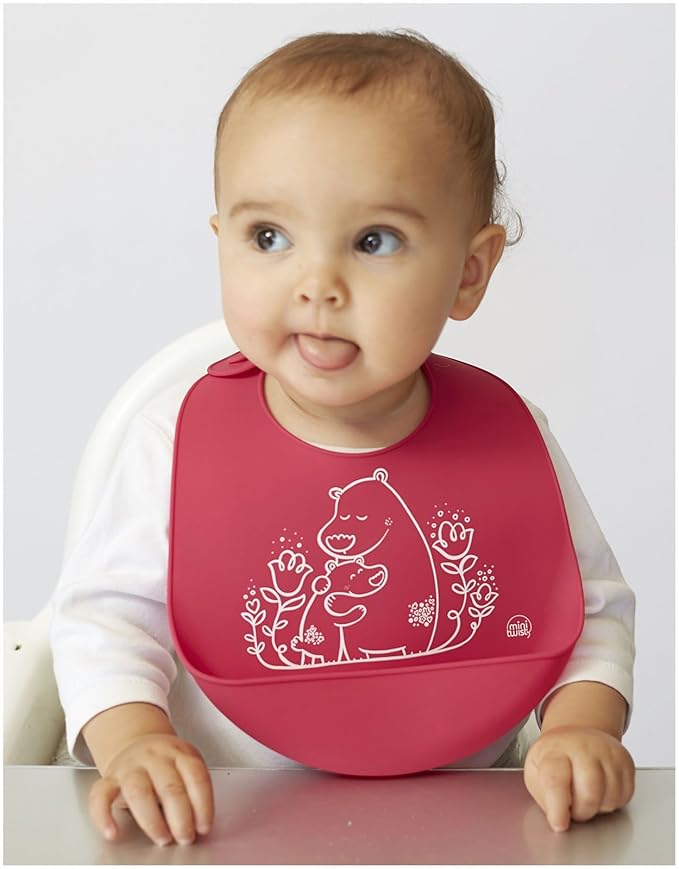 Modern-twist Bucket Bib 100% plastic free silicone, waterproof, adjustable, dishwasher safe, Pink Bears
