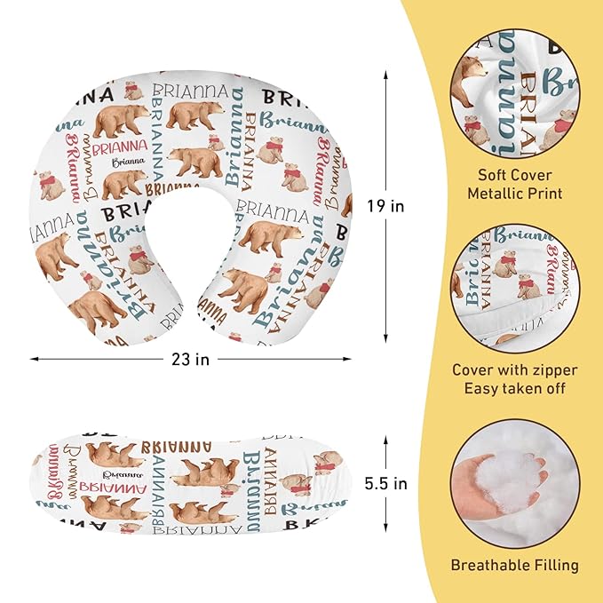 Baby Nursing Pillow Cover - Personalized Name Breastfeeding Pillow Cover with Bear Pattern, Stretchy Removable U-Shaped for New Moms, Soft Breathable Slipcover for Infant Boys Girls