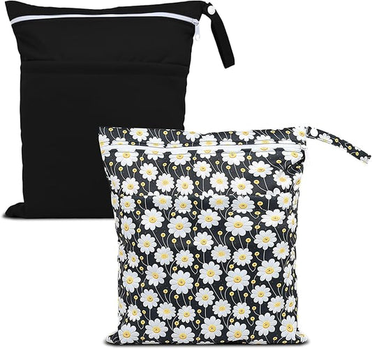 Wet Dry Bags 2 Pack,Waterproof Reusable Travel Bags for Swimsuits,Baby Cloth Diapers,Beach,Pool,Gym Bag & Wet Clothes with 2 Pockets -Daisy