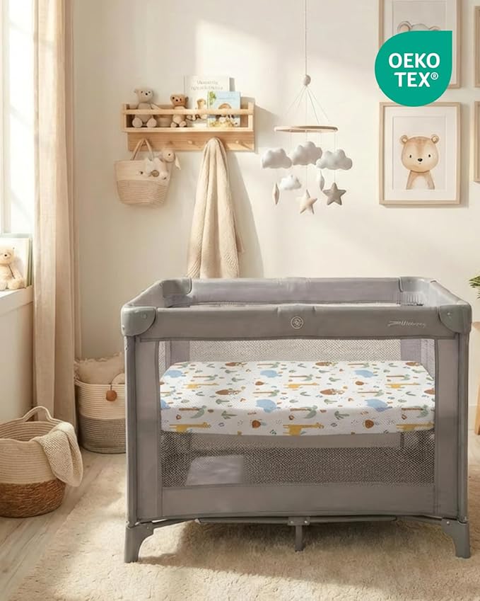 Pack and Play Sheets Fitted - 2 Pack Mini Crib Sheets for Pack N Play Mattress - Unisex Playard Microfiber Bedding for Boys & Girls - Soft, Breathable and Wrinkle Free - Oeko-Tex, 38 x 26in - Safari