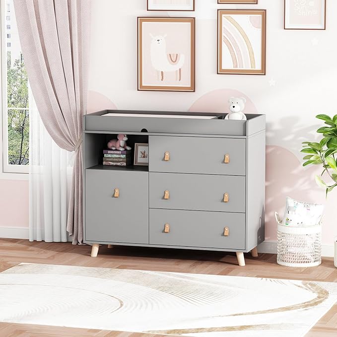 Timechee Baby Dresser Changing Table with Drawers,Shelf,Hidden Laundry Basket Storage,2 in 1 Nursery Dresser Chest for Infants, Baby Diaper Changing Station for Daycare,Bedroom,Grey