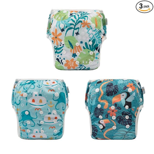 Babygoal Baby Swim Diapers 3 Pack for 0-8 Months Infant Girls and Boys, Reusable Adjustable Washable for Swimming Lessons-Flower,Octopus
