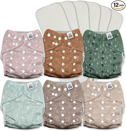 Mama Koala 3.0 Pocket Cloth Diapers for Babies with AWJ Lining, 6 Pack with 6 5-Layer Natural Cloth Diaper Inserts - Reusable and Washable Pocket Diapers(A-My Warm Heart)