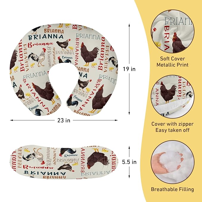 Baby Nursing Pillow Cover - Personalized Name Breastfeeding Pillow Cover with Chicken Pattern, Stretchy Removable U-Shaped for New Moms, Soft Breathable Slipcover for Infant Boys Girls